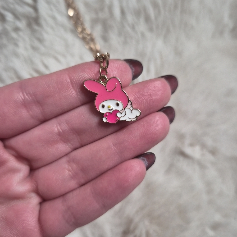Sanrio My Melody Necklace Character Charm Pendant Heart Pink White Gold Tone ✨️